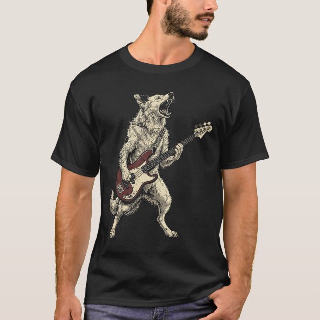 Camiseta Border Collie Rock Engraçado Tocando Guitarra Cach (Frente)
