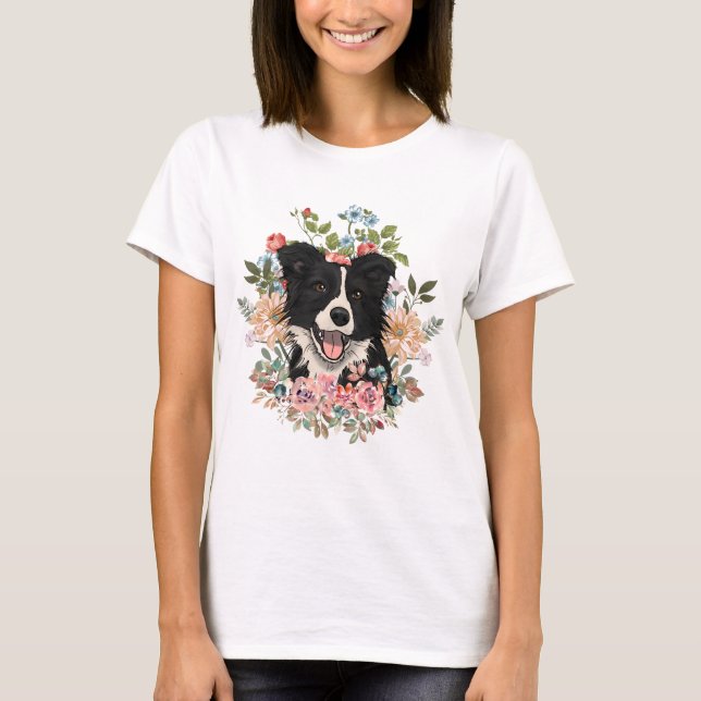 Camiseta Bordo do collie floral (Frente)