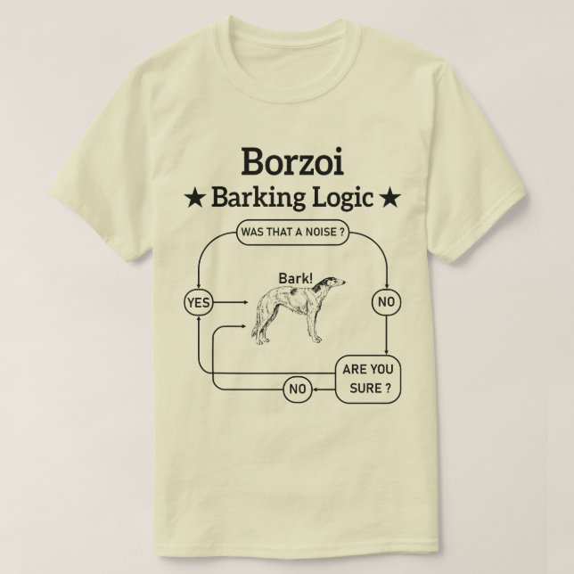 Camiseta Borzoi Barking Logic Funny Dog Owner Sarcástico (Frente do Design)