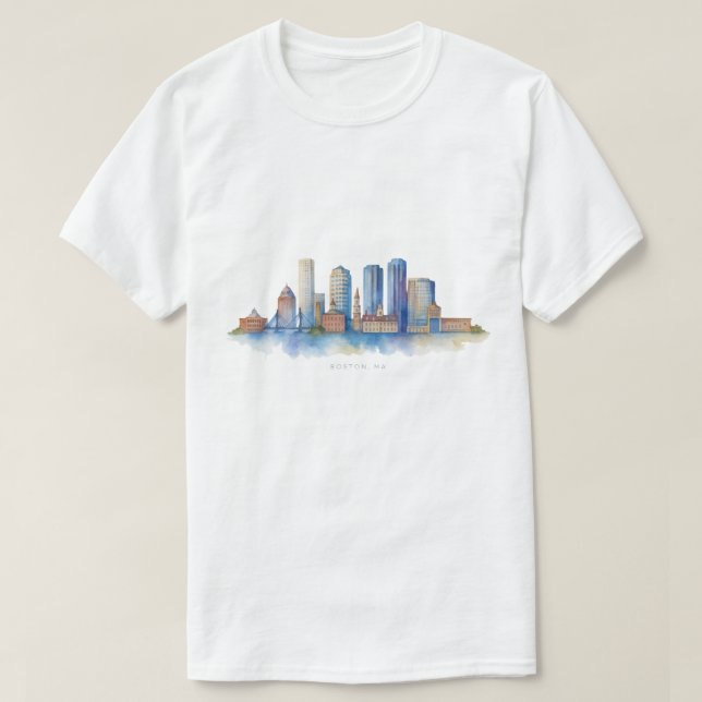 Camiseta Boston City Skyline Watercolor | Mães de Boston Mo (Frente do Design)