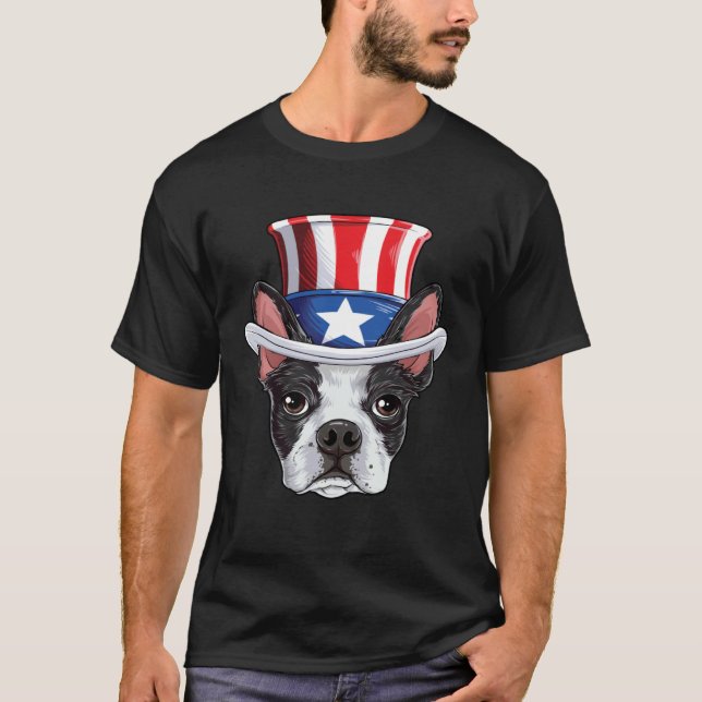 Camiseta Boston Terrier 4 de Julho Tio Sam Crianças Meninos (Frente)