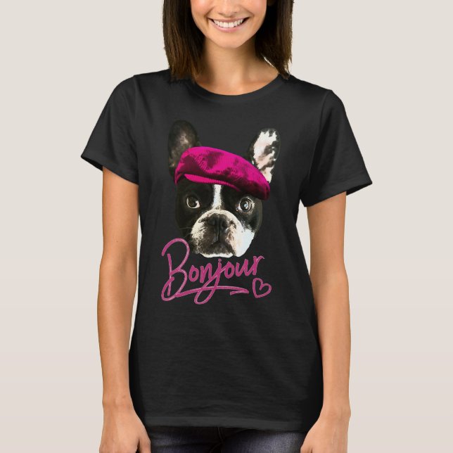 Camiseta Boston Terrier Bonjour Pink Heart French (Frente)
