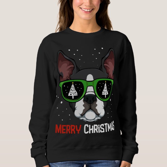 Camiseta Boston Terrier Christmas Pajama Dog Sunglass X-M (Frente)