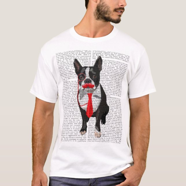 Camiseta Boston Terrier com Red Tie e bigode 2 (Frente)
