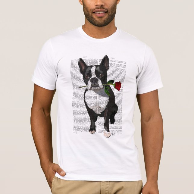 Camiseta Boston Terrier com Rosa em Boca (Frente)