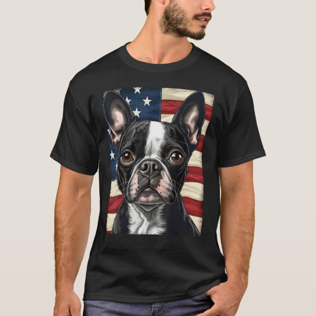 Camiseta Boston Terrier Dog American Flag 4th of July Patri (Frente)