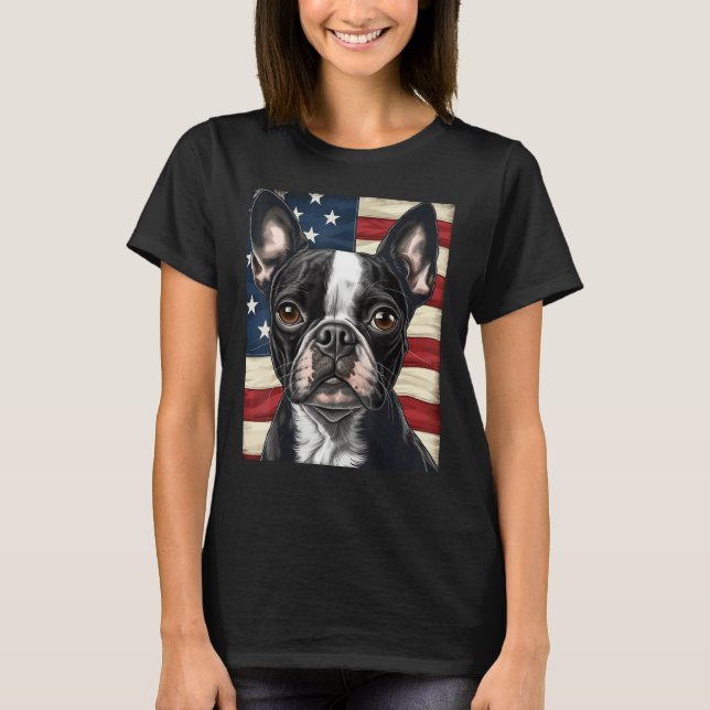 Camiseta Boston Terrier Dog American Flag 4th of July Patri (Frente)