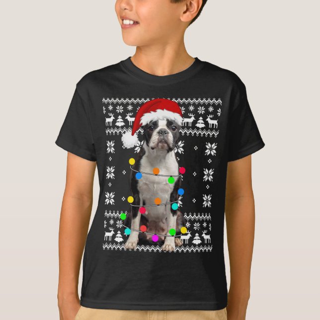 Camiseta Boston Terrier Dog Luz Feia Puppy Santa Hat Chr (Frente)