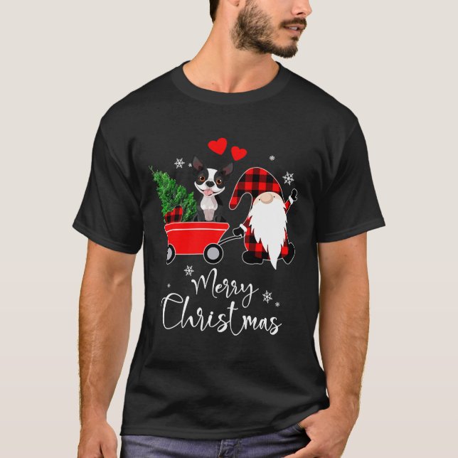 Camiseta Boston Terrier Dog Natal Com Papai Noel Hat Pajama (Frente)