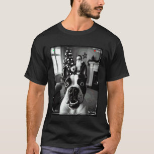 Camiseta Boston Terrier Flagra Papai Noel na Câmera de Nata