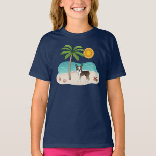 Camiseta Boston Terrier Listrado Em Uma Praia Tropical de V