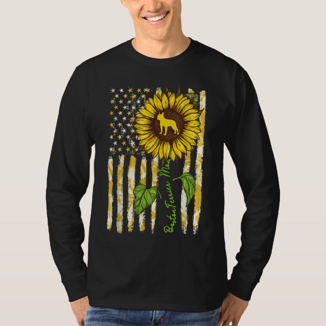 Camiseta Boston Terrier Mãe Sunflower American Flag og (Frente)