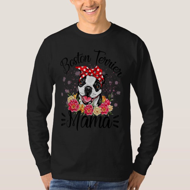 Camiseta Boston Terrier Mama Florals Cachorro bonito Mãe da (Frente)