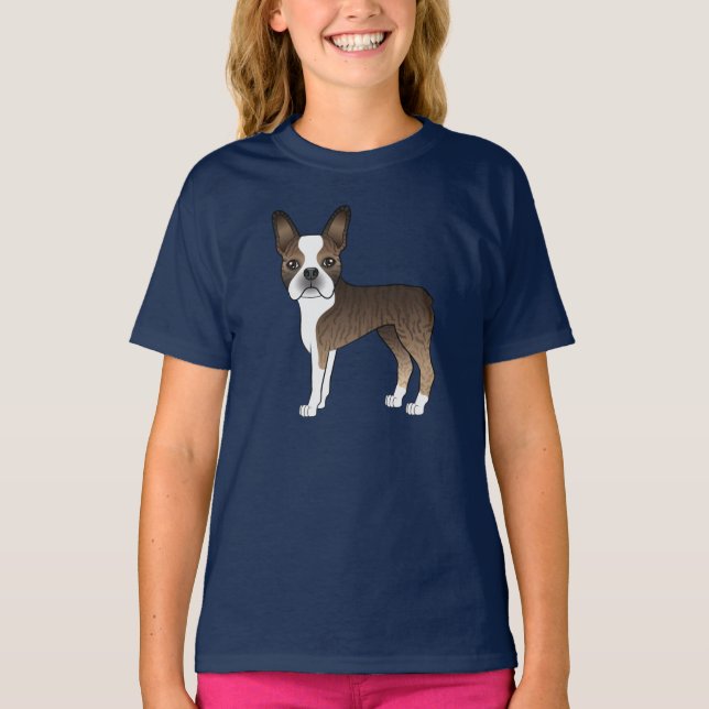 Camiseta Boston Terrier Marrom e Branco Cachorro de Desenho (Frente)