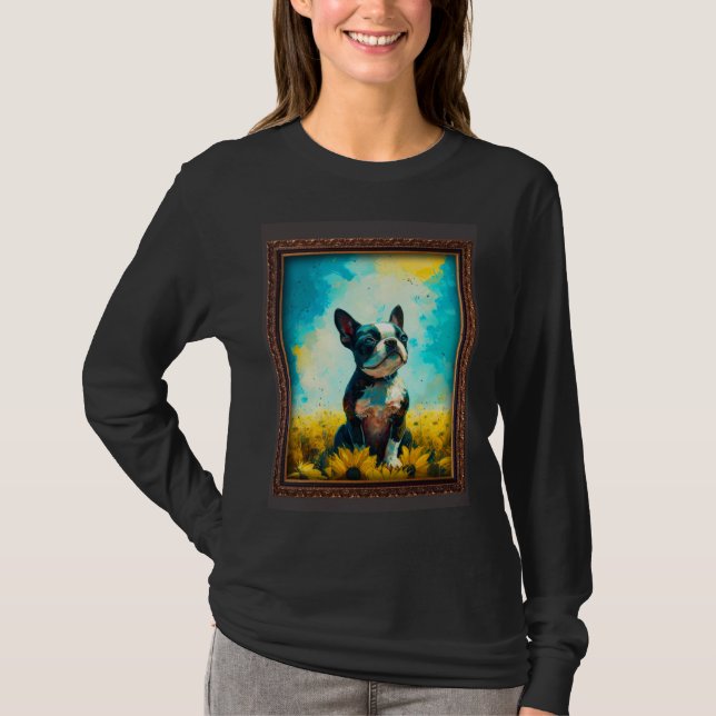 Camiseta Boston Terrier Painting Sunflower Flower Mom Women (Frente)