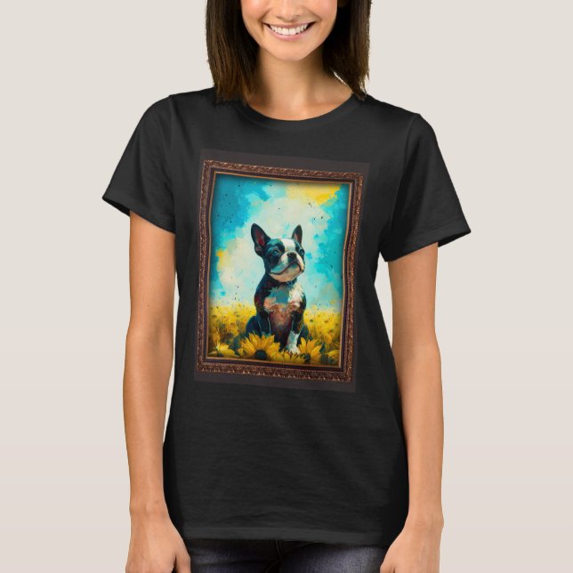 Camiseta Boston Terrier Painting Sunflower Flower Mom Women (Frente)