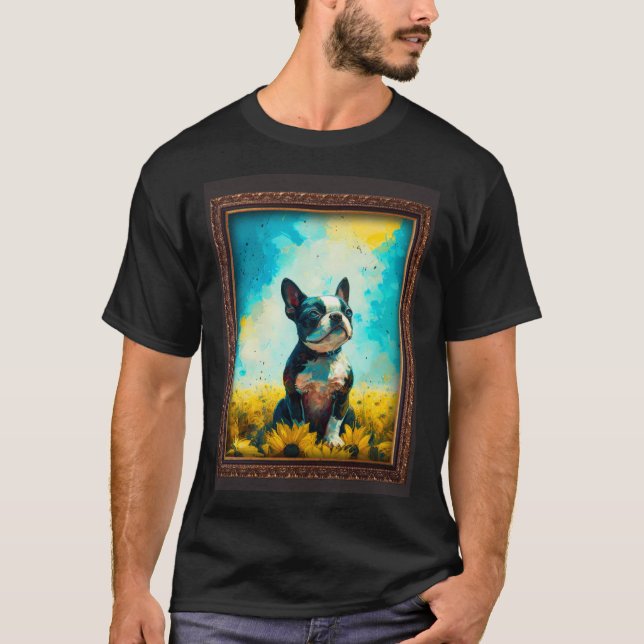 Camiseta Boston Terrier Painting Sunflower Flower Mom Women (Frente)