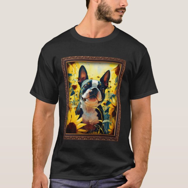 Camiseta Boston Terrier Painting Sunflower Flower Mom Women (Frente)