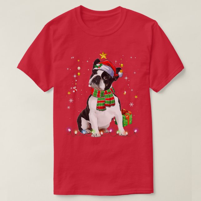 Camiseta Boston Terrier Papais noeis Árvore de Natal Luzes  (Frente do Design)