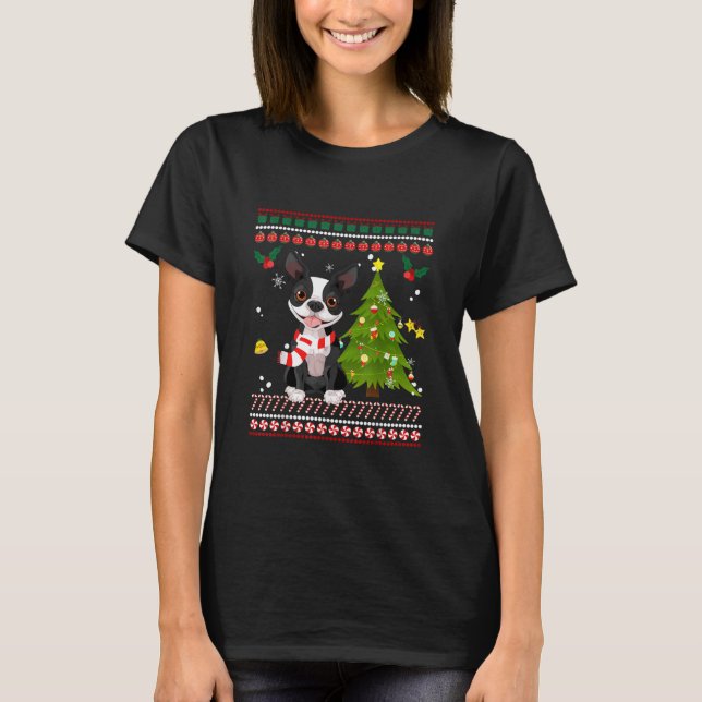 Camiseta Boston Terrier Reindeer Natal 2020 - Árvore Xmas (Frente)