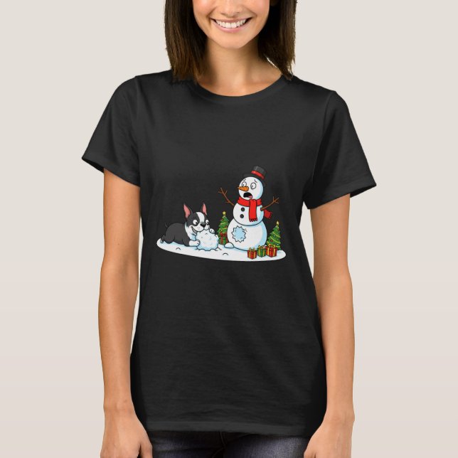 Camiseta Boston Terrier Snowman Christmas Tree Xmas Womens  (Frente)
