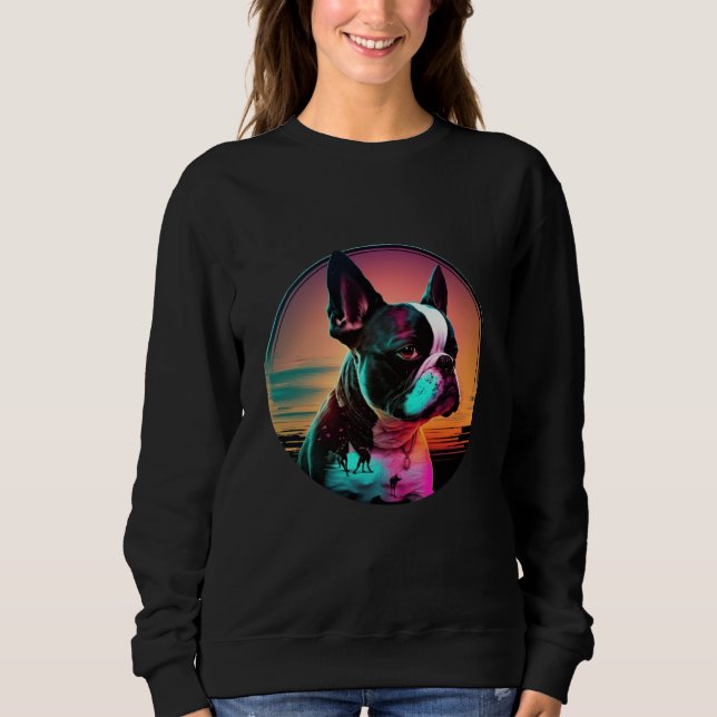 Camiseta Boston Terrier Synthwave 80s Retrowave Aesthetic   (Frente)