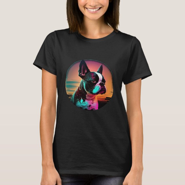 Camiseta Boston Terrier Synthwave 80s Retrowave Aesthetic   (Frente)