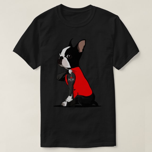 Camiseta Boston Terrier Tattoos Eu Amo Mamãe (Frente do Design)