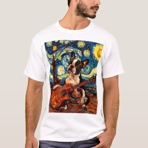 Camiseta Boston Terrier Tocando Cachorro de Violão Cuz em T