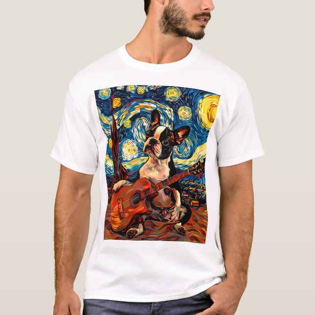 Camiseta Boston Terrier Tocando Cachorro de Violão Cuz em T (Frente)