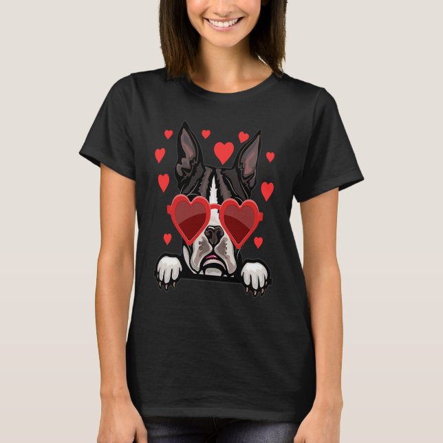 Camiseta Boston Terrier valentines day Heart Couples Dog (Frente)