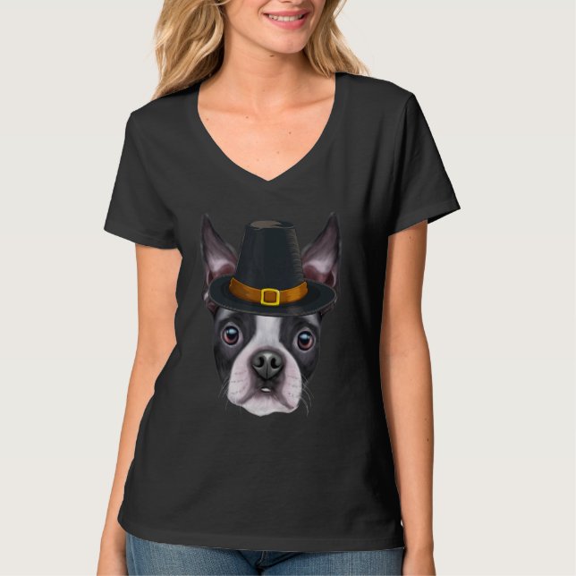 Camiseta Boston Terrier Vestindo Pilgrim Hat Ação de Graças (Frente)