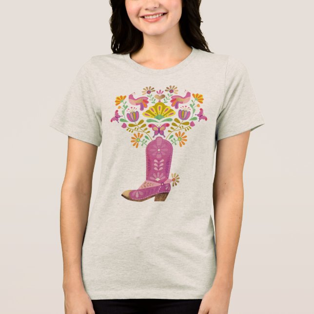 Camiseta Bota-cowboy rosa rebentando com flora e fauna (Frente)