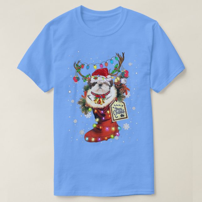 Camiseta Bota de Natal Shih Tzu Meia de Natal de Inverno Ne (Frente do Design)