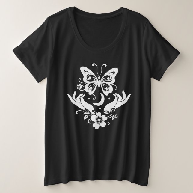 Camiseta Botânica Celestial Borboleta Mãos Abertas (Frente do Design)