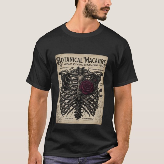 Camiseta Botânica Macabra Rosa Esqueleto Gótico (Frente)