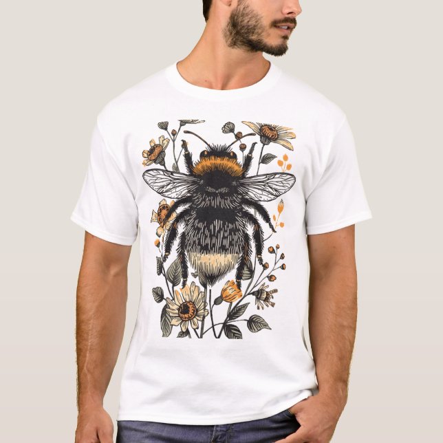 Camiseta Botanical Linocut Bumblebee Design (Frente)