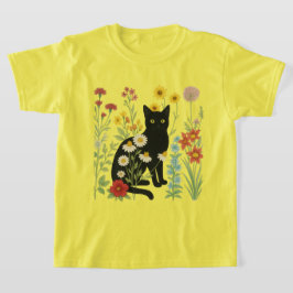 Camiseta Botanical Nature – Black Cat in Wildflower Garden