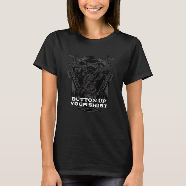 Camiseta Botão acima seu cogumelo caçando algodão (Frente)