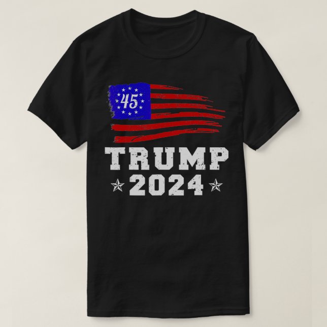 Camiseta Botão da Campanha Retroativa Trump 2024 Re-Eleve P (Frente do Design)