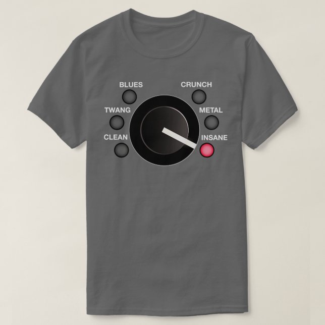 Camiseta Botão de volume Amp do violão em modo insano (Frente do Design)