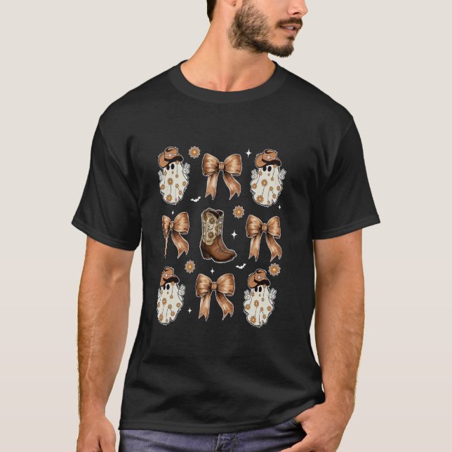 Camiseta Botas Cowboy Ocidentais Fantasma de Halloween com  (Frente)