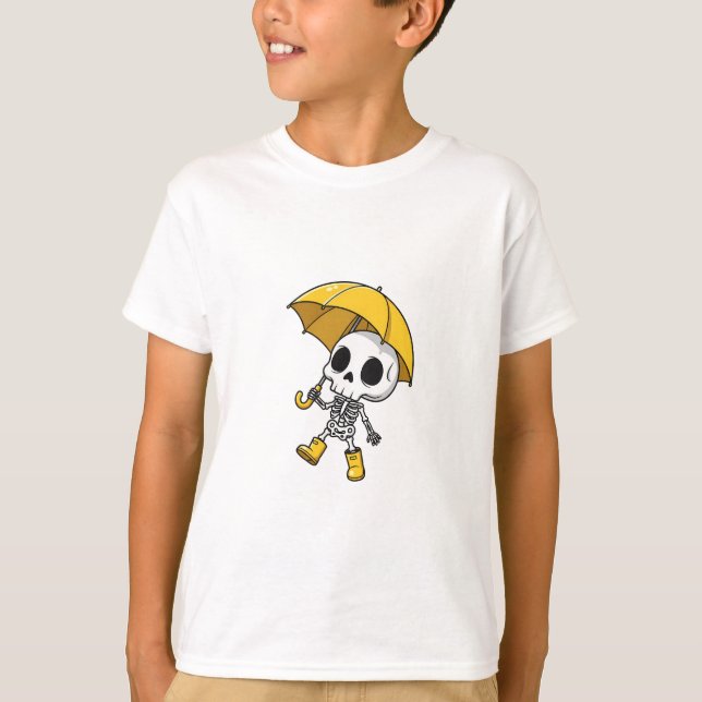 Camiseta Botas de Chuva Amarelas Guarda-Chuva Chibi Esquele (Frente)