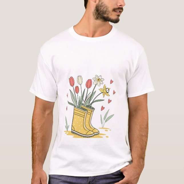 Camiseta Botas de Chuva Jardim de Primavera - Amar (Frente)