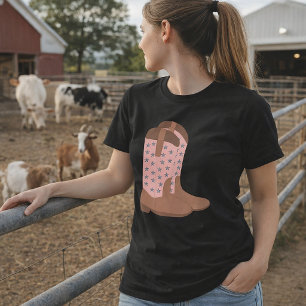 Camiseta Botas de Cowboy Rosa com Estrelas de Brilho Pratea
