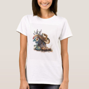 Camiseta Botas de Cowgirl Country Chapéu de Flor Texas