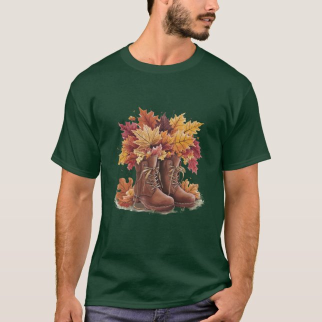 Camiseta Botas de Outono com Folhas de Outono Aconchegante  (Frente)