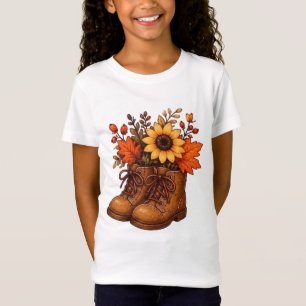 Camiseta Botas de Outono Vintage com Girassol e Folhas de O