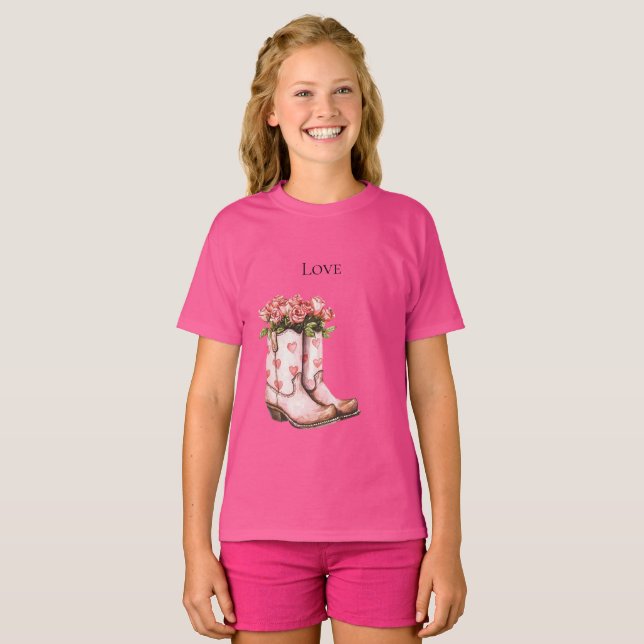 Camiseta Botas Florais Da Moça Rosa Ocidental (Frente Completa)