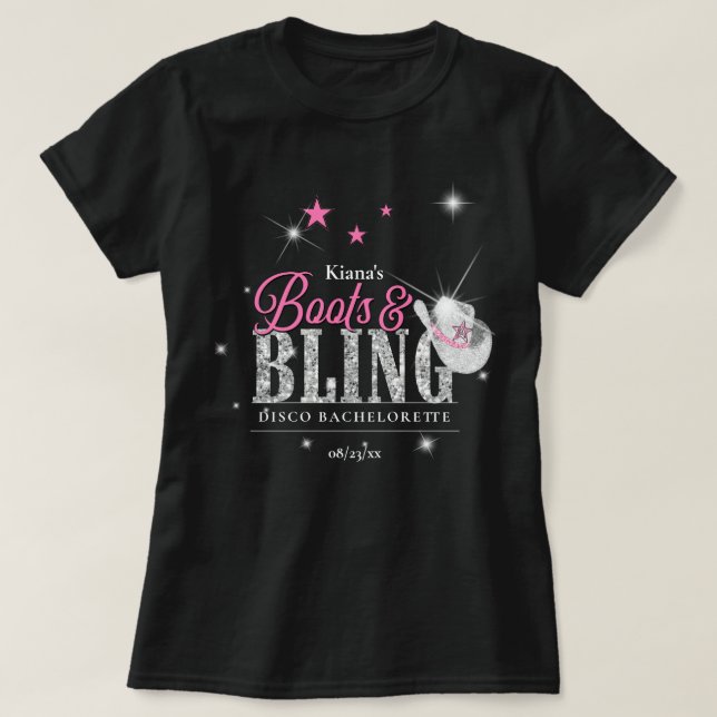 Camiseta Botas 'n Brilho Disco Bachelorette Preto ID925 (Frente do Design)